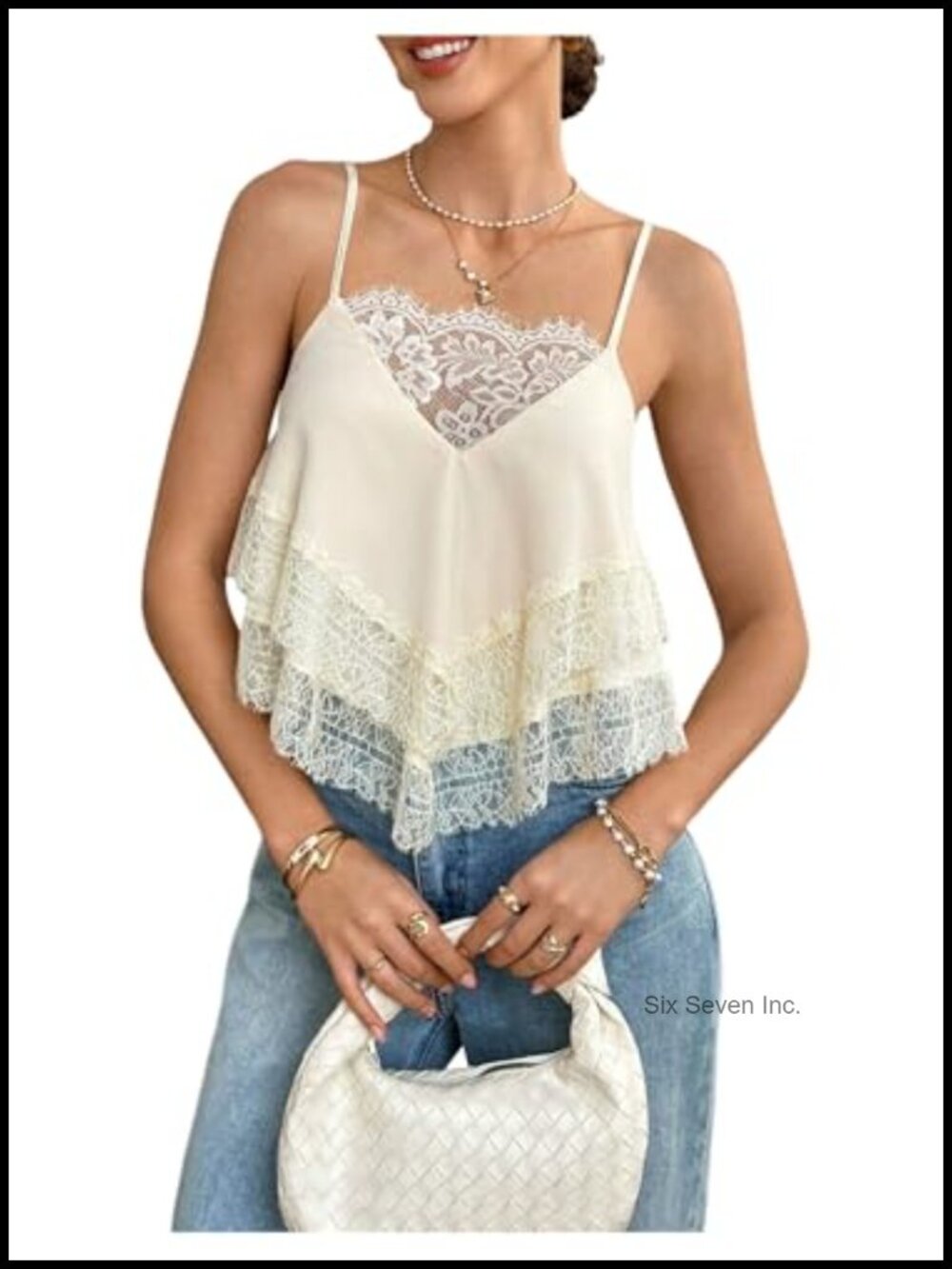 Lace Crop Top V Neck Spaghetti Strap Ruffle Cami